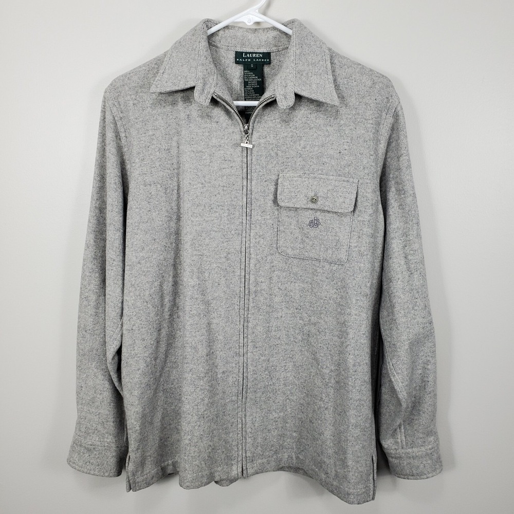L. Ralph Lauren Gray Wool Nylon Cashmere Zip Jacket Leather Elbow Patches S Gray